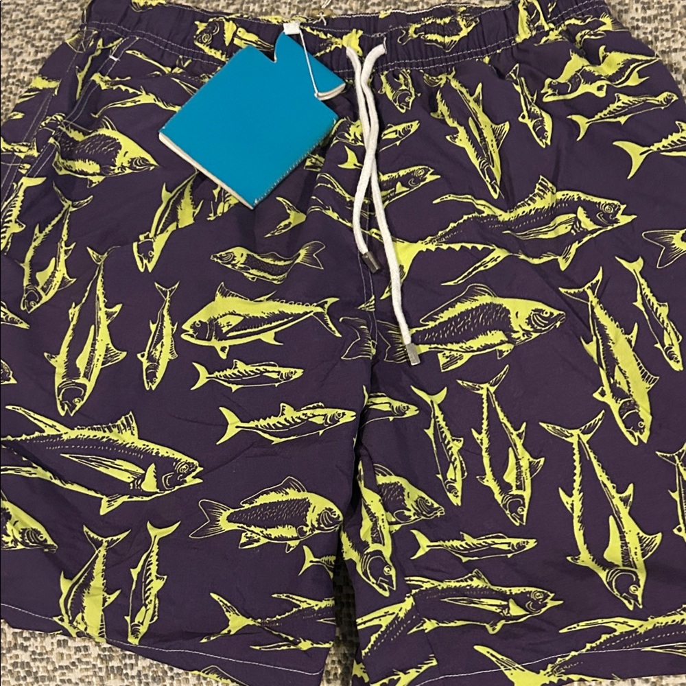 Peter Millar Fish Print Swim Trunks - Purple and Yellow